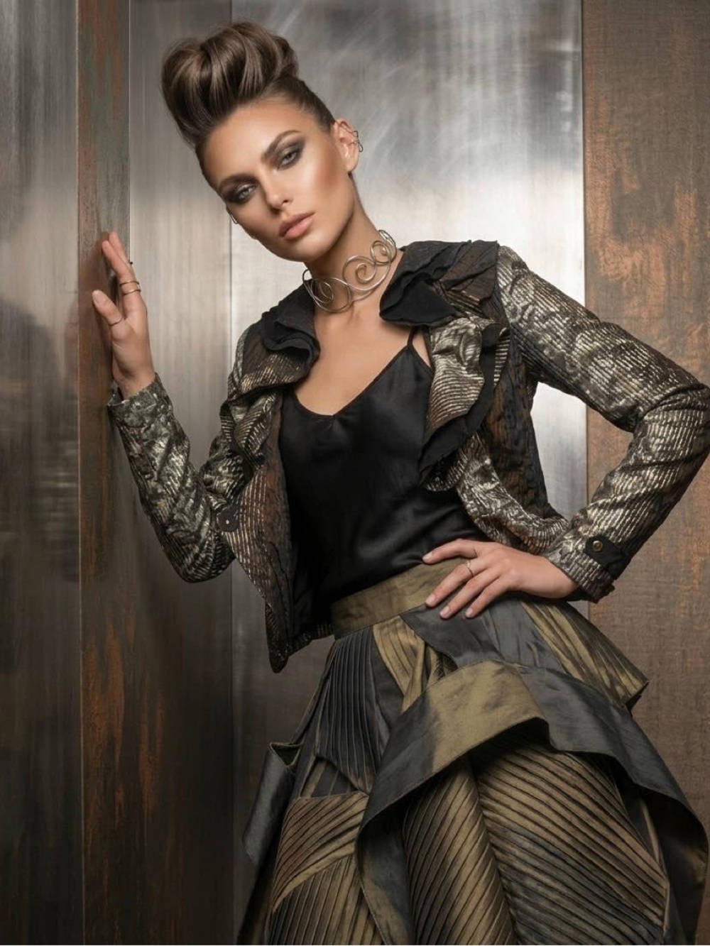 Vintage Alberto Makali Metallic Ruffle Glam Jacket Size 8